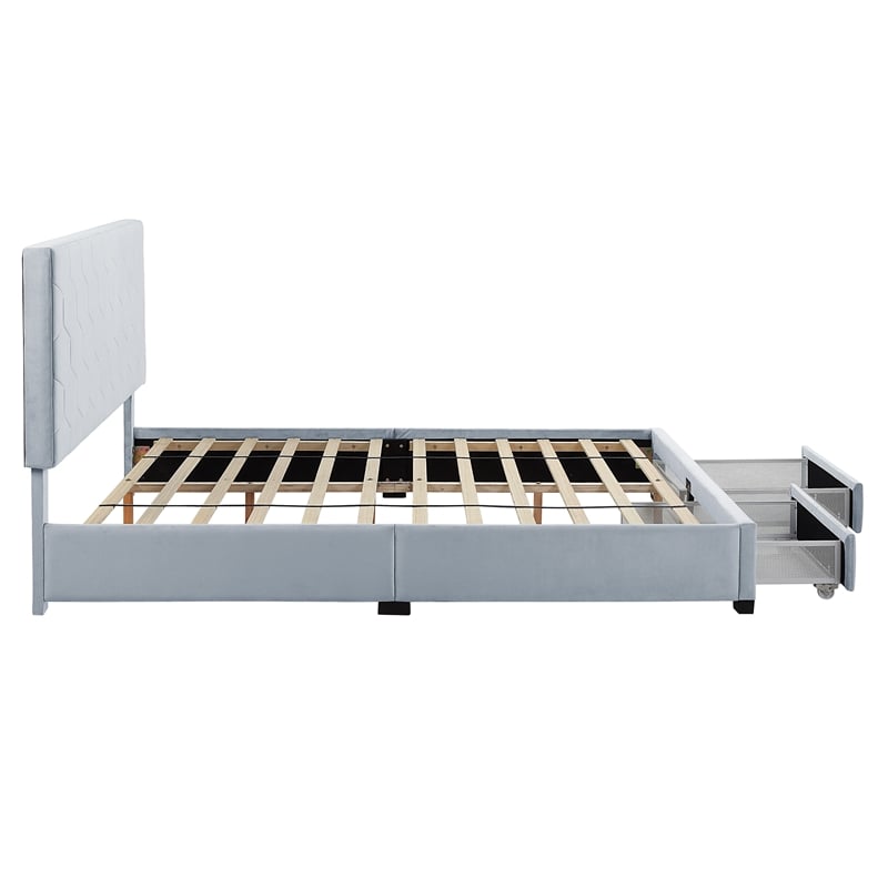 Bowery Hill Fabric Queen Bed with 2 Storage Drawers in Light Gray