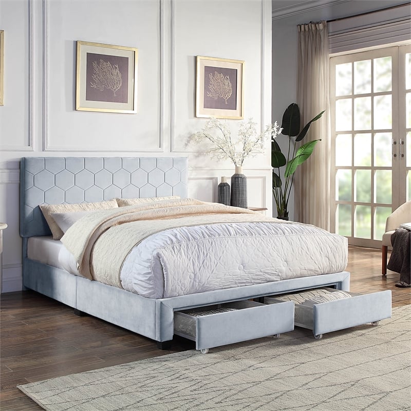 Bowery Hill Fabric Queen Bed with 2 Storage Drawers in Light Gray