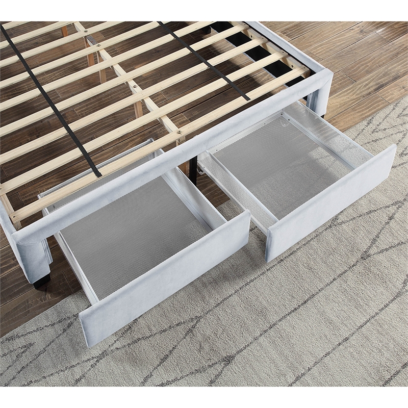 Bowery Hill Fabric Queen Bed with 2 Storage Drawers in Light Gray