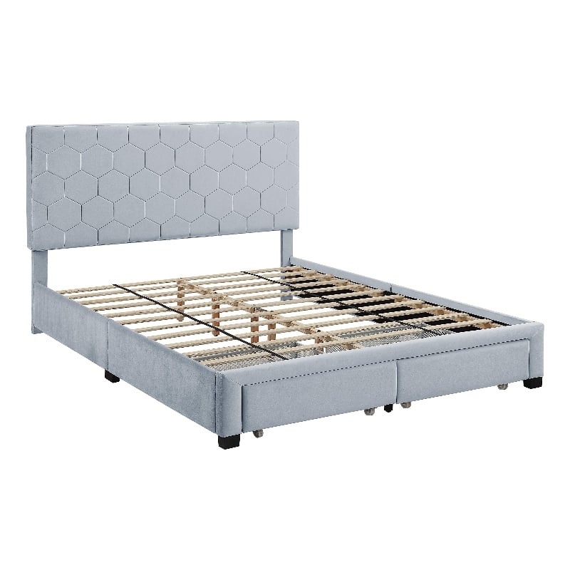 Bowery Hill Fabric Queen Bed with 2 Storage Drawers in Light Gray