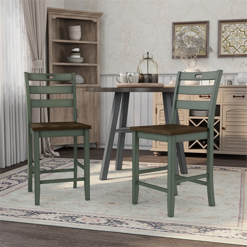 Bowery Hill Wood Counter Height Chair Set of 2 in Antique Green and Oak