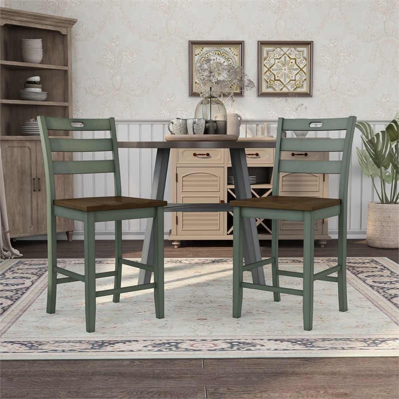 Bowery Hill Wood Counter Height Chair Set of 2 in Antique Green and Oak