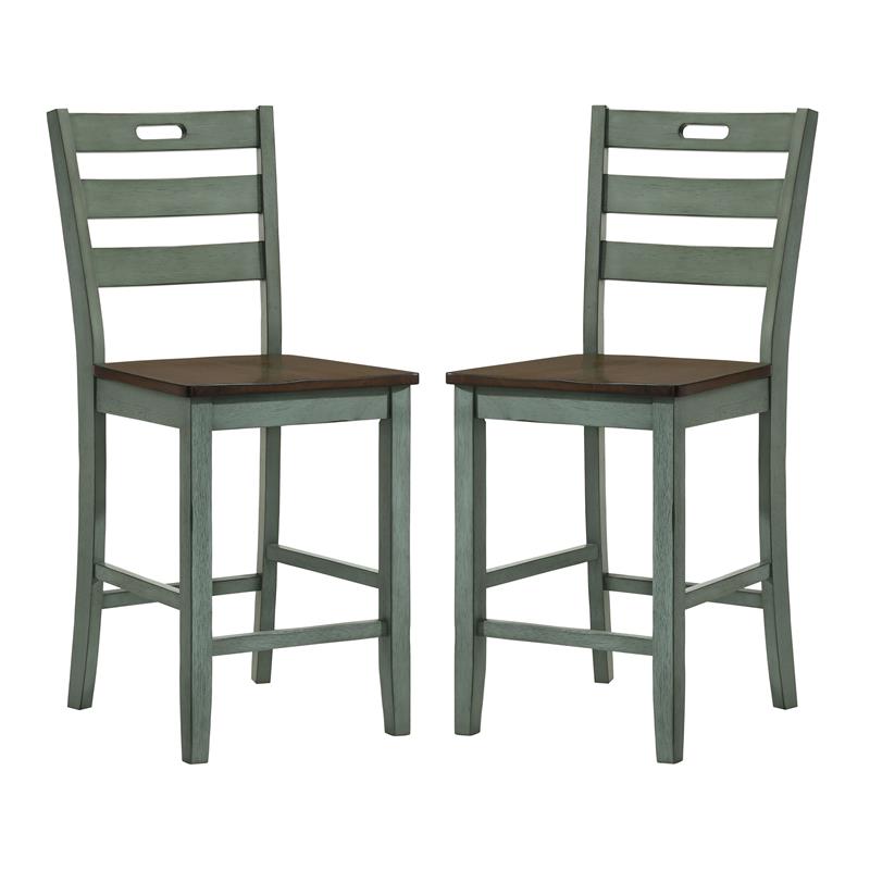 Bowery Hill Wood Counter Height Chair Set of 2 in Antique Green and Oak