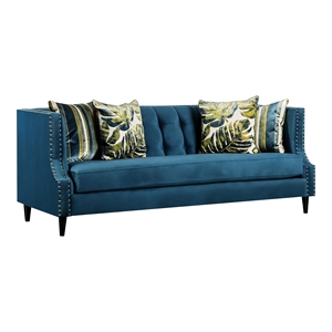 Bowery Hill Velvet-Like Transitional Tufted Sofa in Dark Teal Blue