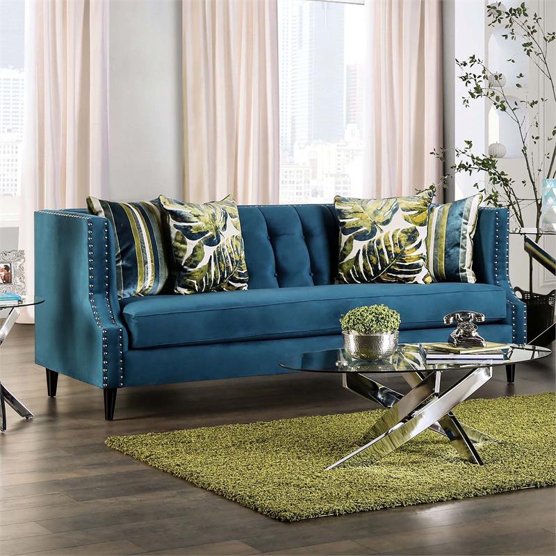 Bowery Hill Velvet-Like Transitional Tufted Sofa in Dark Teal Blue