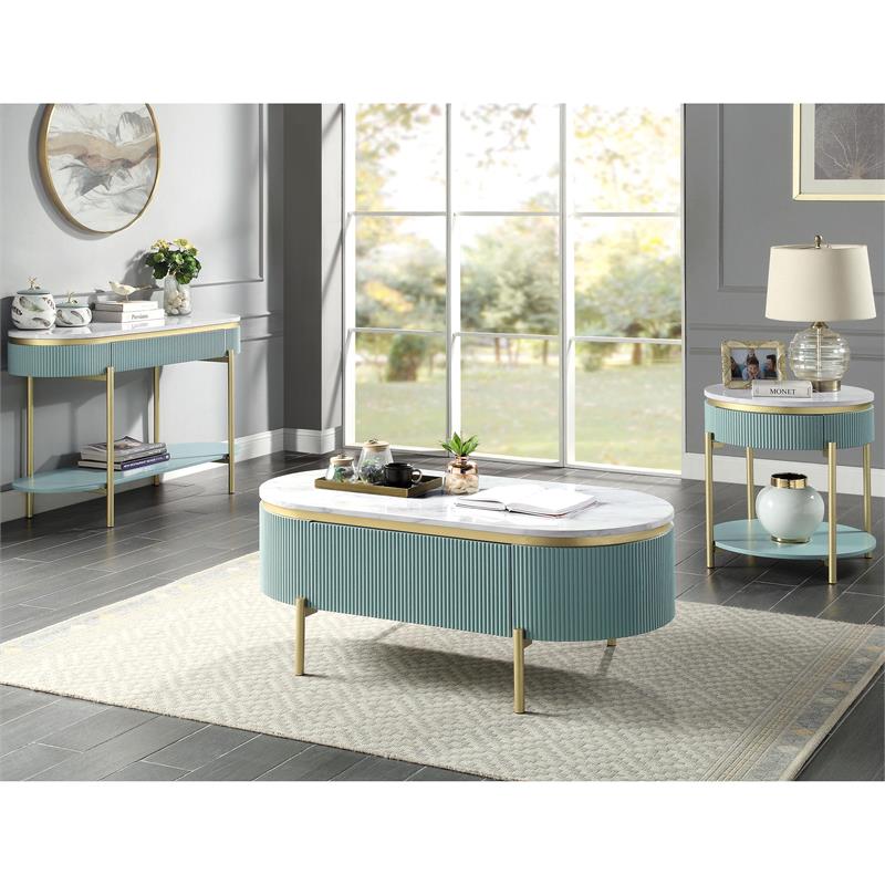 Bowery Hill Glam 3-Piece Wood Coffee Table Set in Light Teal