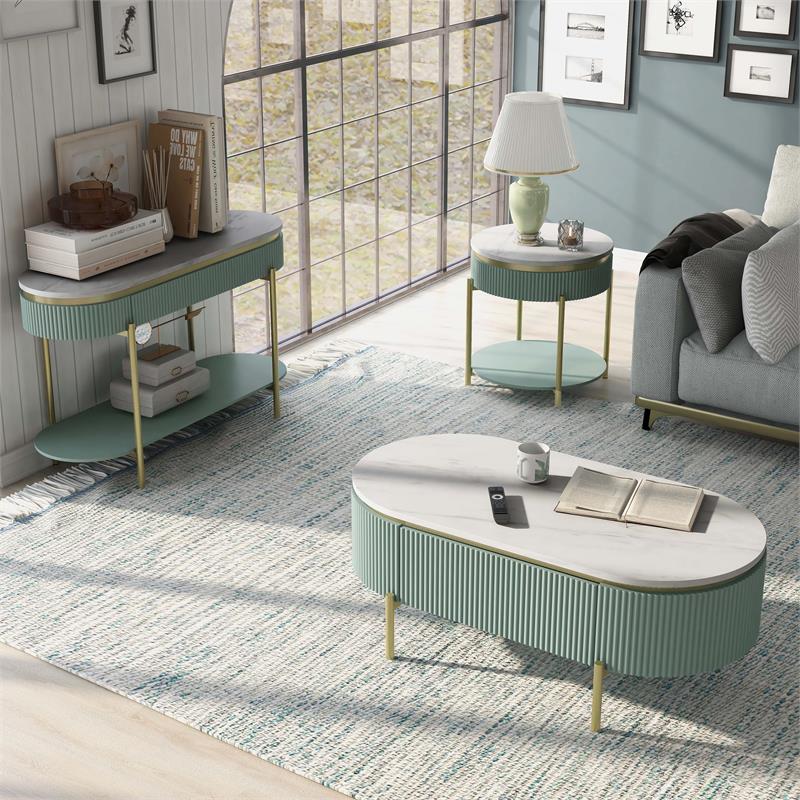 Bowery Hill Glam 3-Piece Wood Coffee Table Set in Light Teal