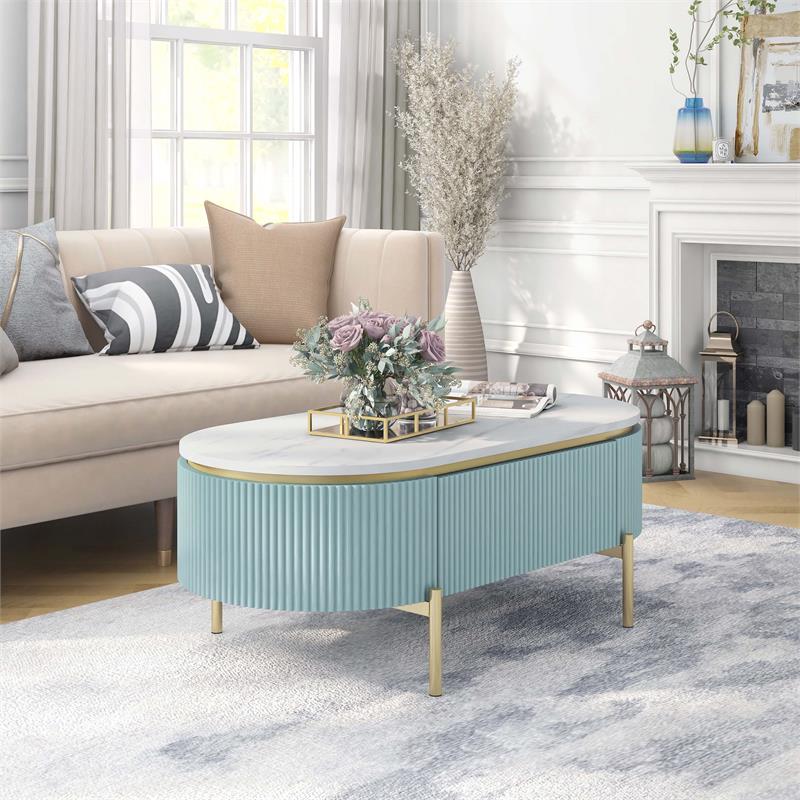 Bowery Hill Glam 3-Piece Wood Coffee Table Set in Light Teal