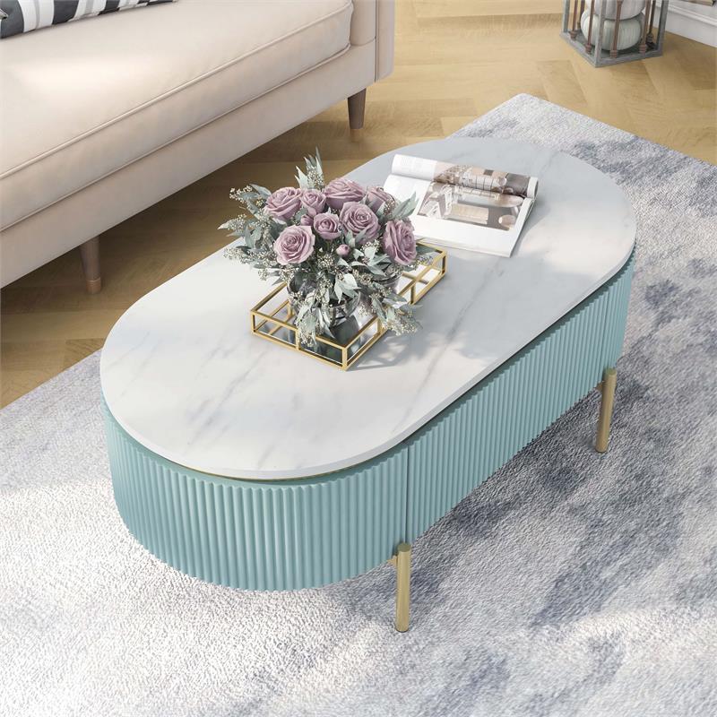 Bowery Hill Glam 3-Piece Wood Coffee Table Set in Light Teal