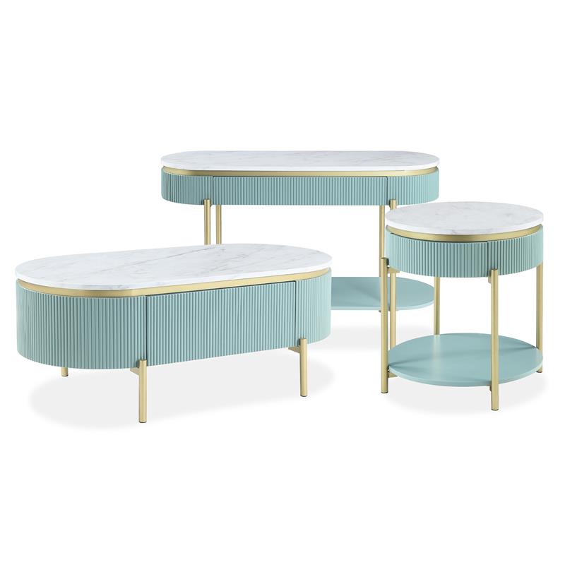 Bowery Hill Glam 3-Piece Wood Coffee Table Set in Light Teal