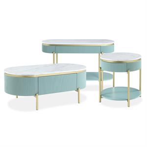 Bowery Hill Glam 3-Piece Wood Coffee Table Set in Light Teal