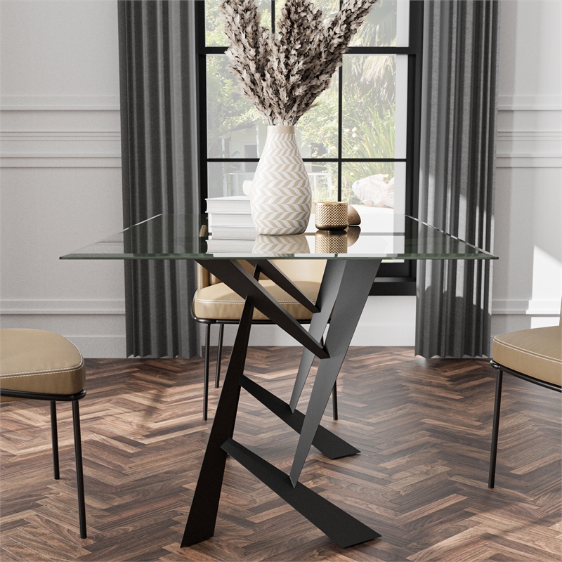 Bowery Hill Glass Top Rectangular Dining Table in Black with Clear Finish