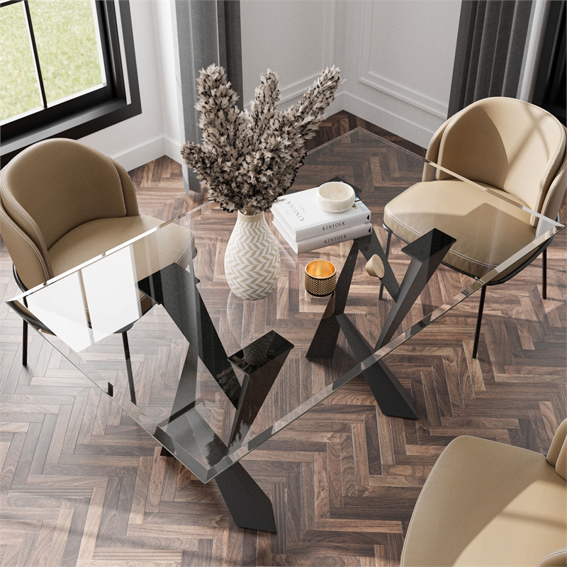 Bowery Hill Glass Top Rectangular Dining Table in Black with Clear Finish
