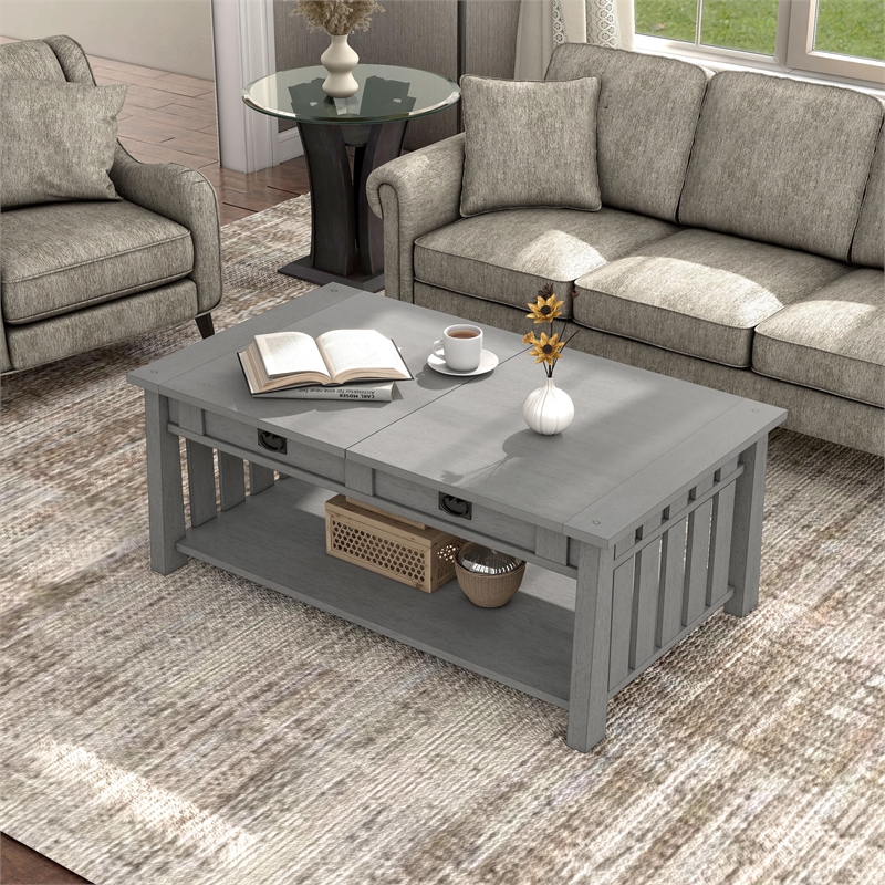 Bowery Hill Wood Coffee Table with Hidden Lift Shelf in Gray Finish