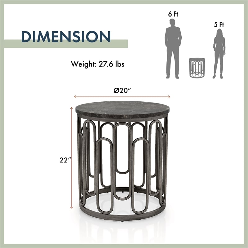 Bowery Hill Silas Round Metal End Table with Marble Top in Black