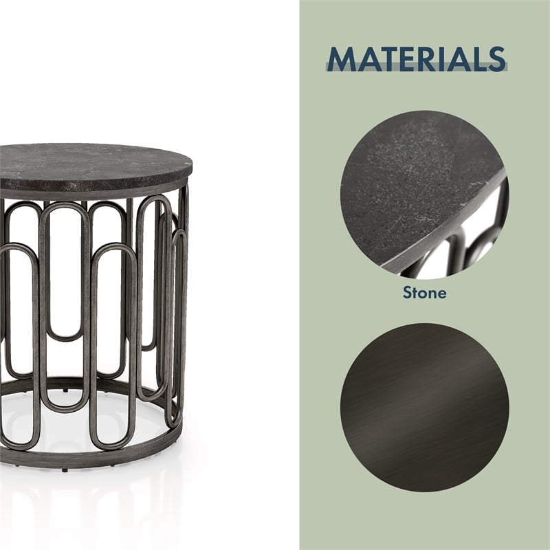 Bowery Hill Silas Round Metal End Table with Marble Top in Black
