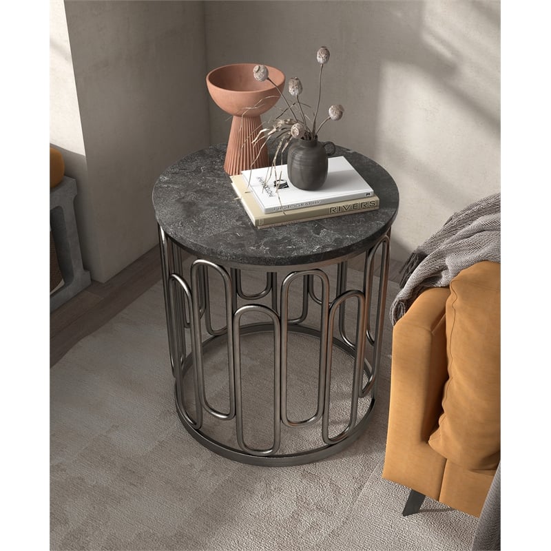 Bowery Hill Silas Round Metal End Table with Marble Top in Black