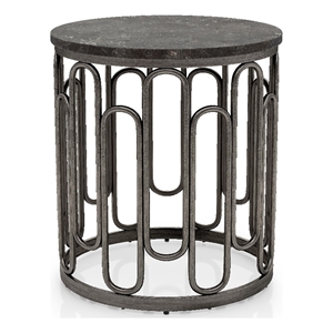 Bowery Hill Silas Round Metal End Table with Marble Top in Black
