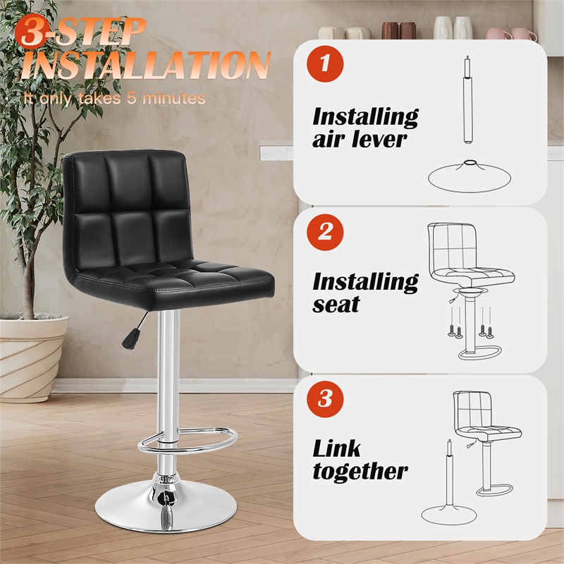 Bowery Hill Faux Leather Adjustable Bar Stools in Black (Set of 2)