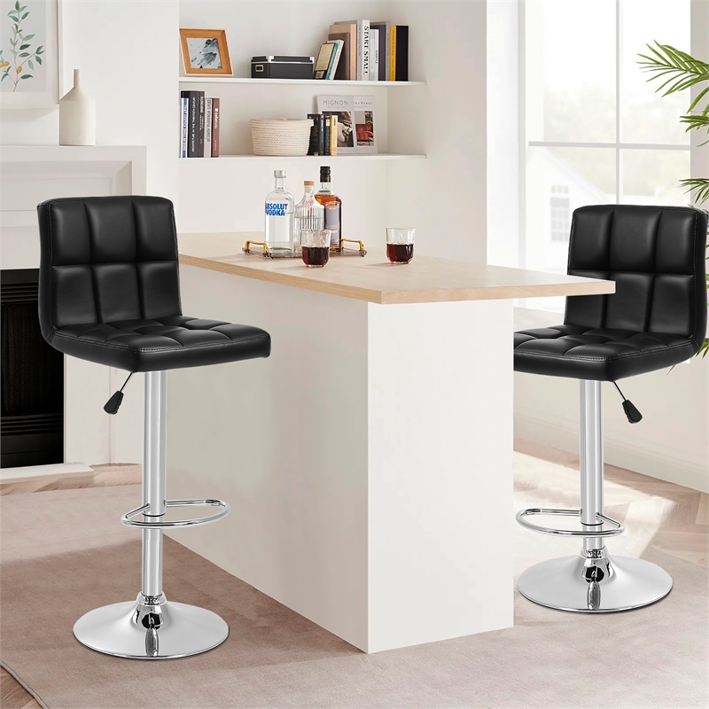 Bowery Hill Faux Leather Adjustable Bar Stools in Black (Set of 2)