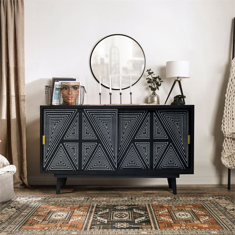 Bowery Hill Solid Wood Two-Door Buffet in Black with Art Deco Design