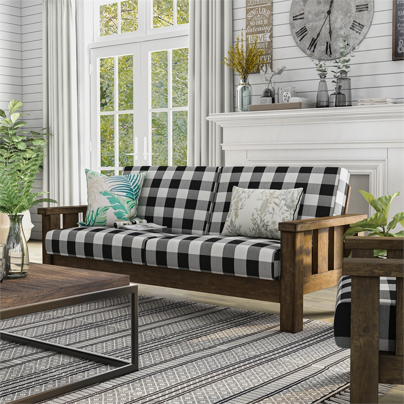 Bowery Hill Rustic Sofa in Brown Fabric and Wood Plaid Finish
