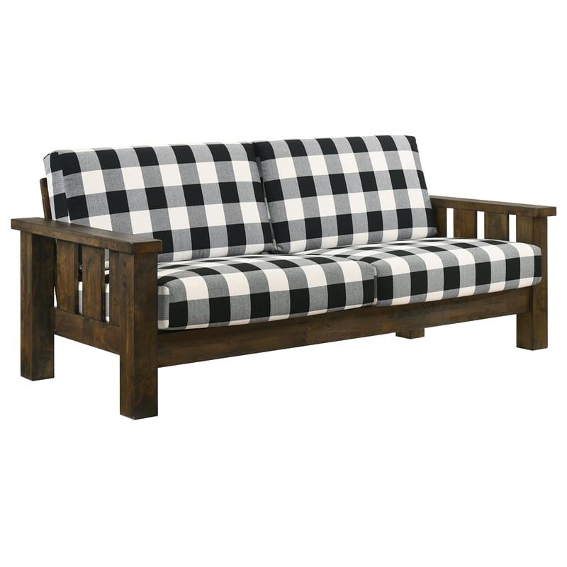 Bowery Hill Rustic Sofa in Brown Fabric and Wood Plaid Finish
