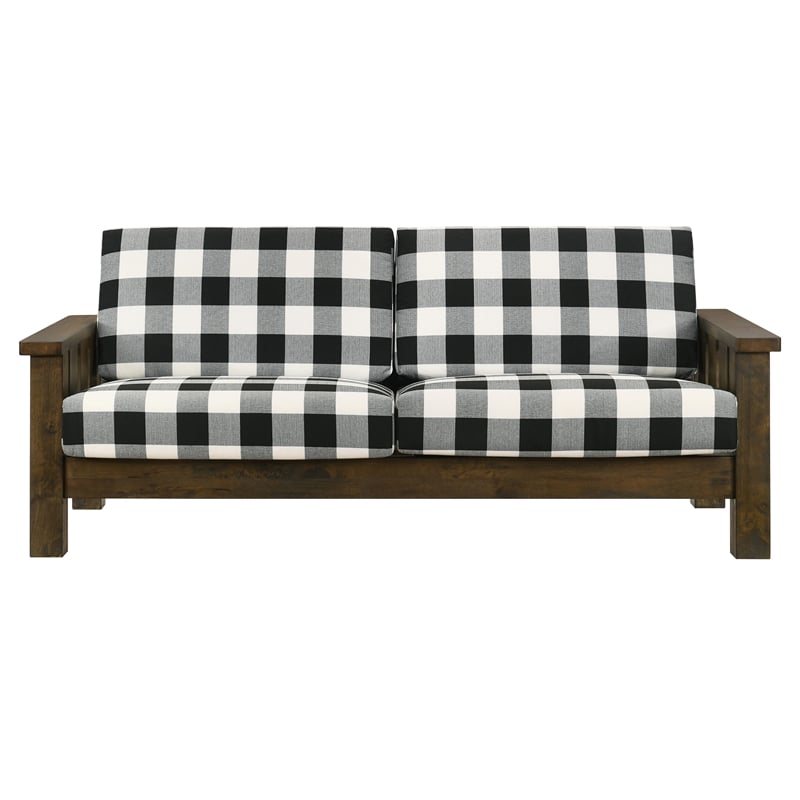 Bowery Hill Rustic Sofa in Brown Fabric and Wood Plaid Finish
