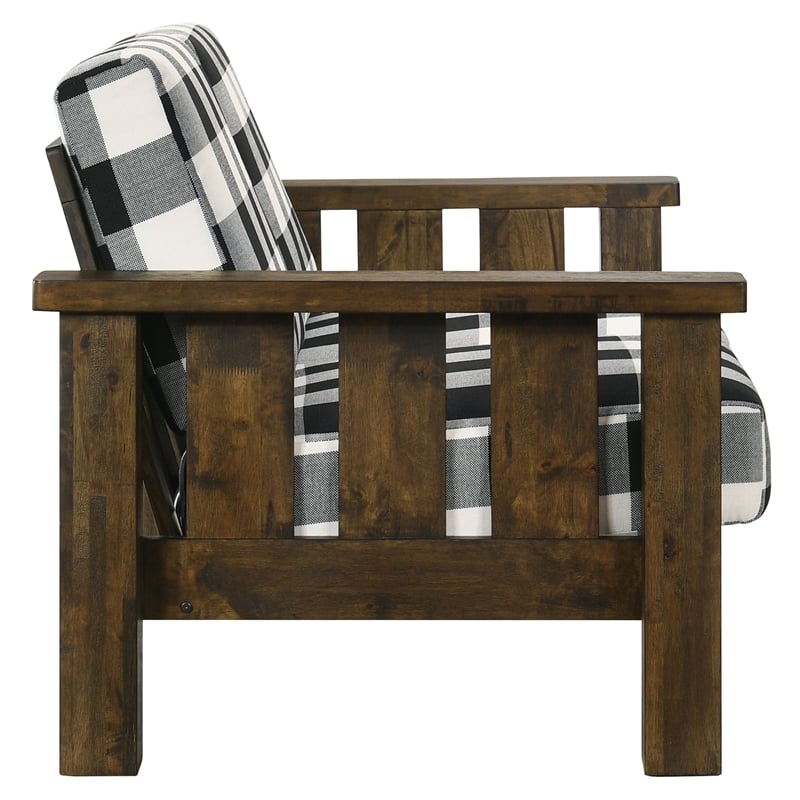 Bowery Hill Rustic Sofa in Brown Fabric and Wood Plaid Finish