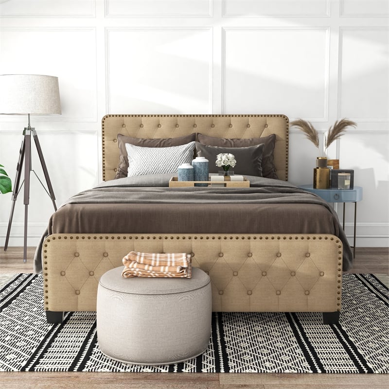 Bowery Hill Transitional Full Bed Upholstered with Brown Wood Finish