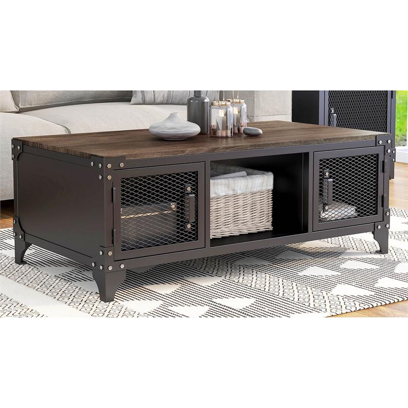 Bowery Hill Industrial Metal Coffee Table in Sand Black and Dark Walnut