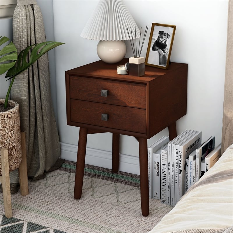 Bowery Hill Mid-Century 2-Drawer Side Table in Espresso Finish
