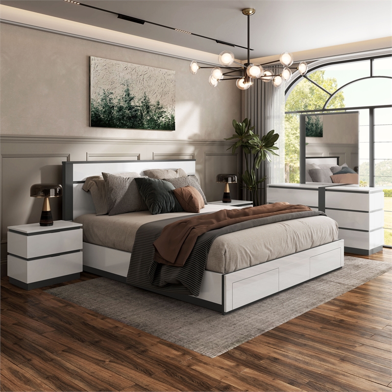 Bowery Hill 5pc Wood Storage Bed Set in White Metallic Gray - Cal King