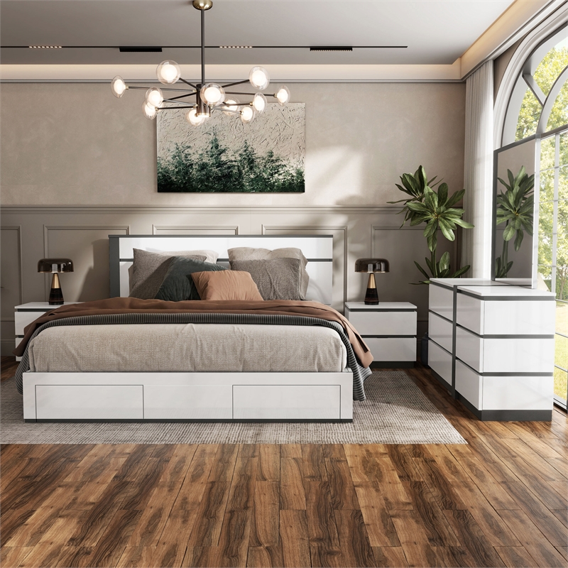 Bowery Hill 5pc Wood Storage Bed Set in White Metallic Gray - King