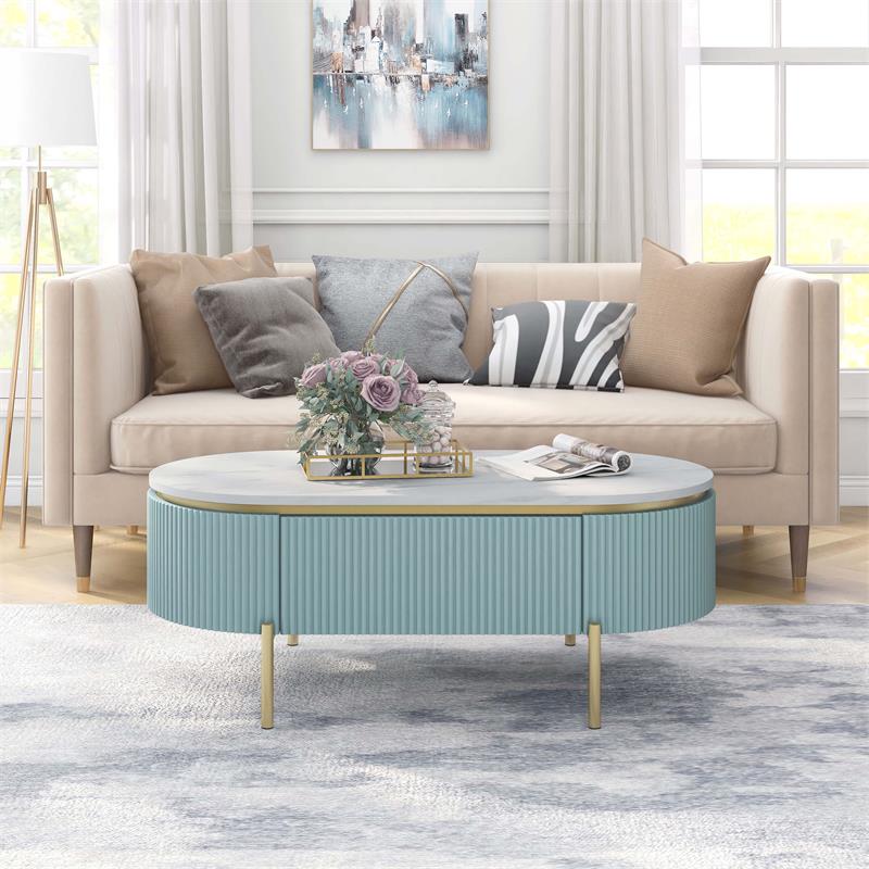 Bowery Hill Glam 2-Piece Coffee Table Set in Light Teal and Gold Finish