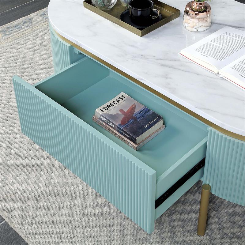 Bowery Hill Glam 2-Piece Coffee Table Set in Light Teal and Gold Finish