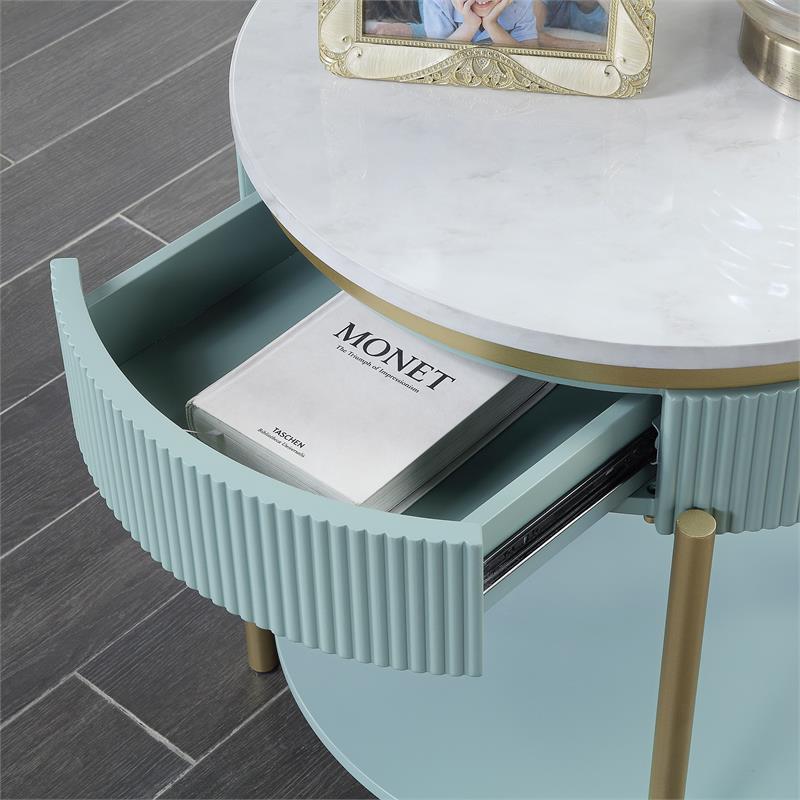 Bowery Hill Glam 2-Piece Coffee Table Set in Light Teal and Gold Finish