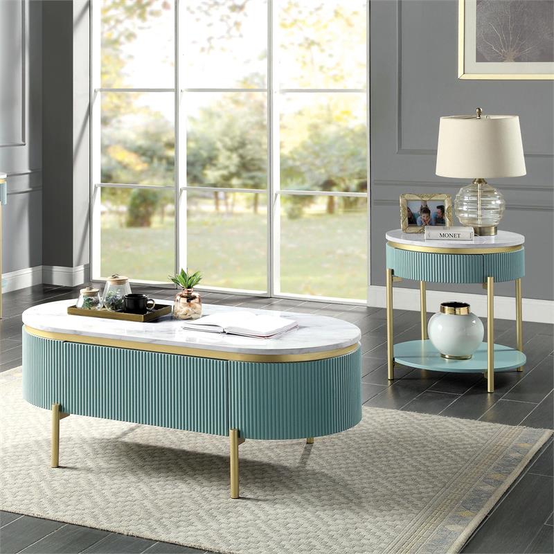 Bowery Hill Glam 2-Piece Coffee Table Set in Light Teal and Gold Finish