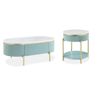 Bowery Hill Glam 2-Piece Coffee Table Set in Light Teal and Gold Finish