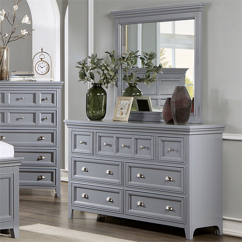 Bowery Hill Transitional 7-Drawer Dresser with Mirror in Gray Finish