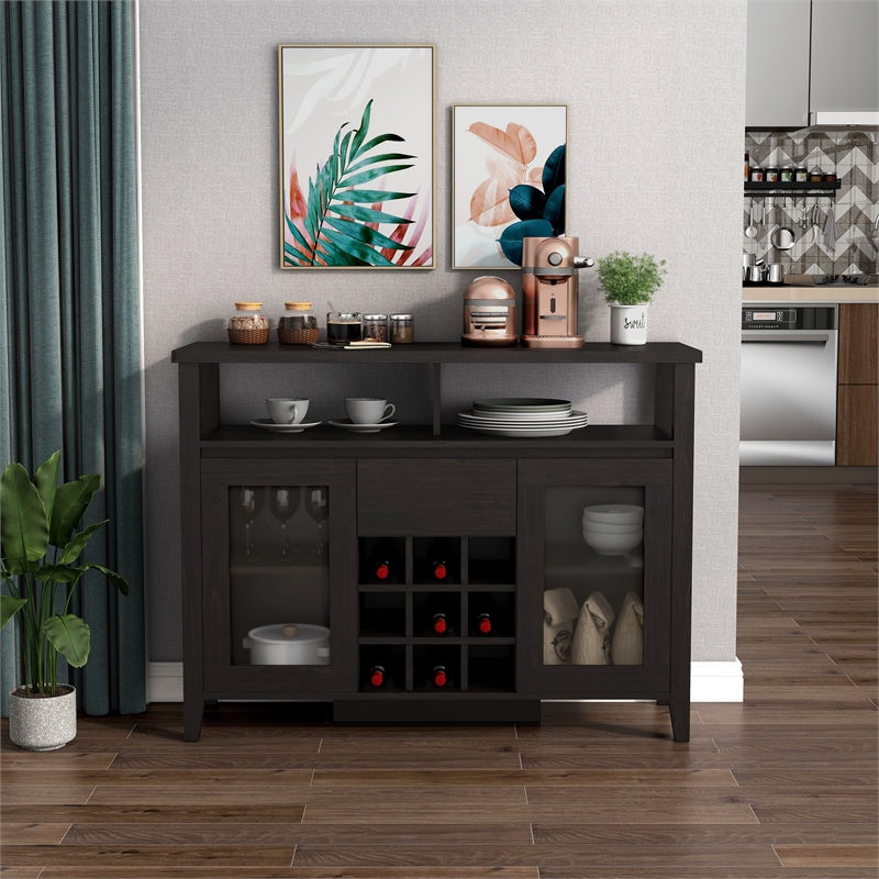 Bowery Hill Modern Buffet Table with 9-Bottle Wine Rack in Espresso Wood