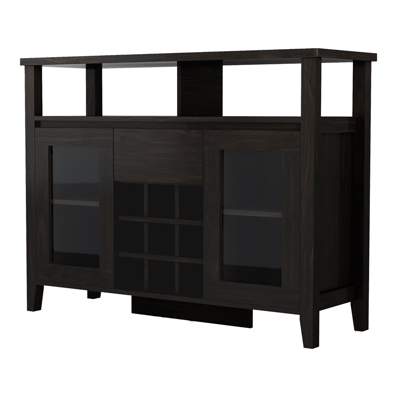 Bowery Hill Modern Buffet Table with 9-Bottle Wine Rack in Espresso Wood