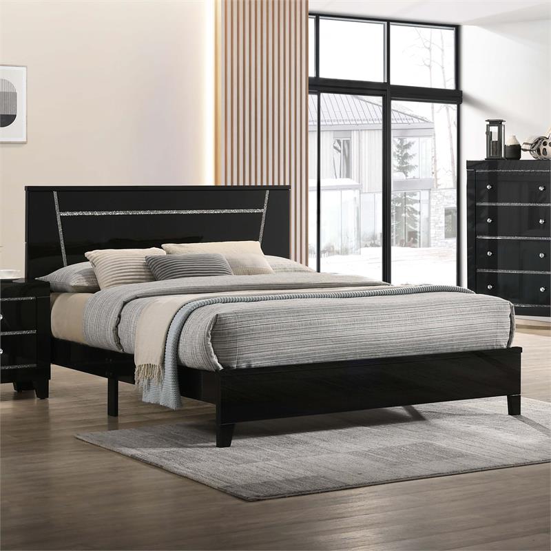 Bowery Hill Contemporary Wood Platform Cal King Bed in Gloss Black