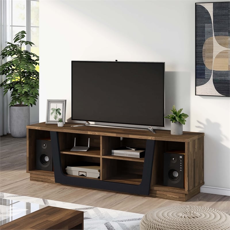 Bowery Hill 6-Shelf TV Stand in Light Hickory Brown and Black Finish