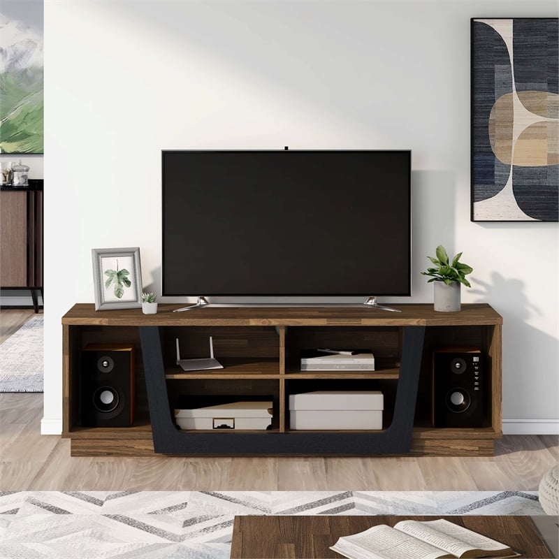 Bowery Hill 6-Shelf TV Stand in Light Hickory Brown and Black Finish