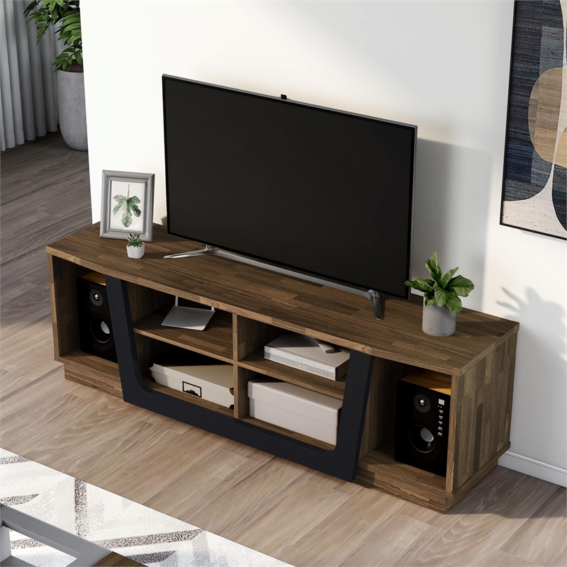 Bowery Hill 6-Shelf TV Stand in Light Hickory Brown and Black Finish