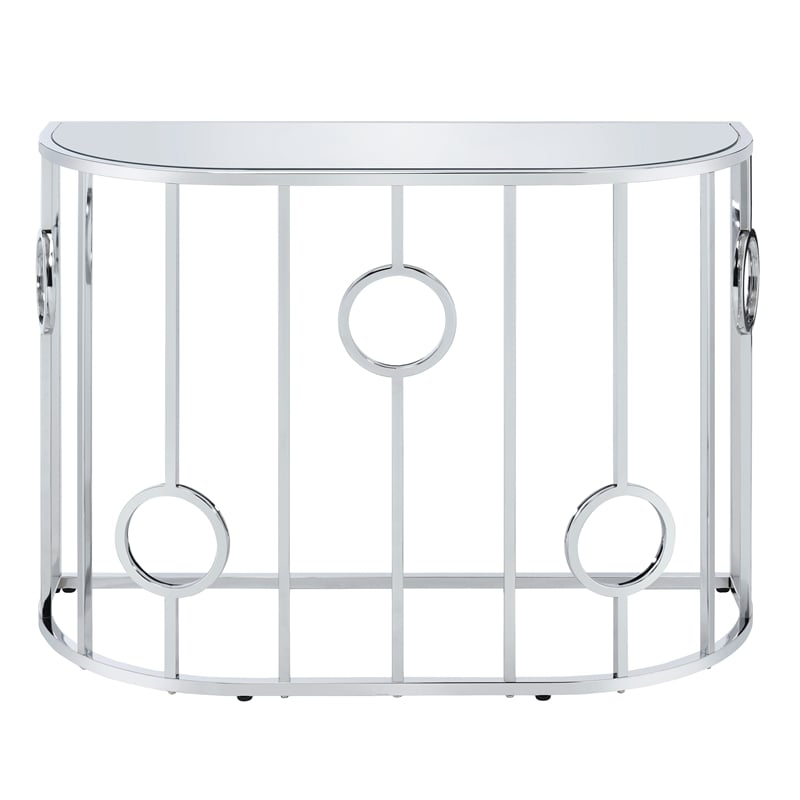 Bowery Hill Metal Half-Circle Sofa Table with Glass Top in Chrome