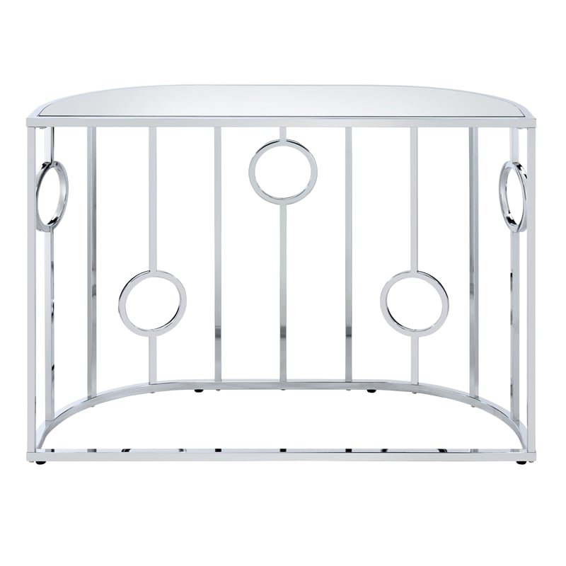 Bowery Hill Metal Half-Circle Sofa Table with Glass Top in Chrome