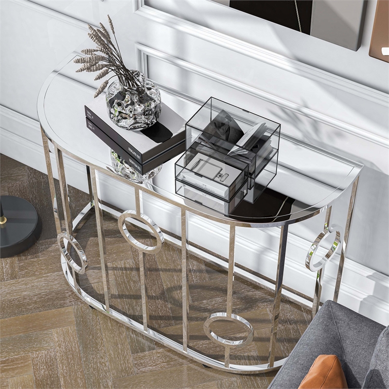 Bowery Hill Metal Half-Circle Sofa Table with Glass Top in Chrome