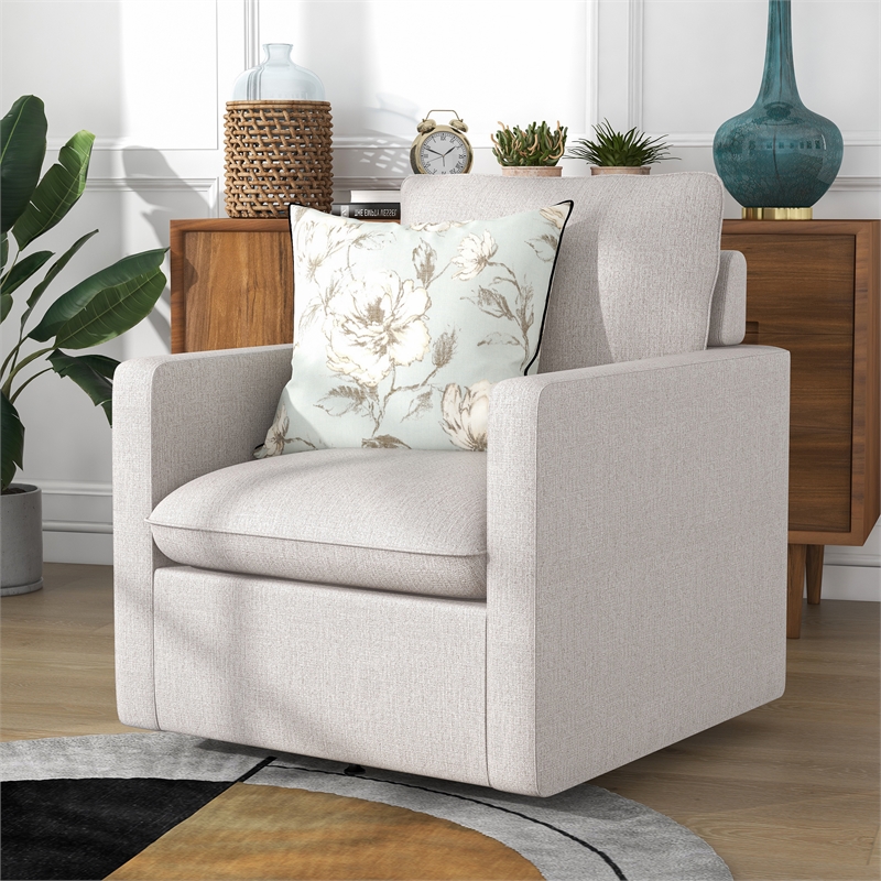 Bowery Hill Linen Fabric Swivel Armchair with Steel Base in Beige